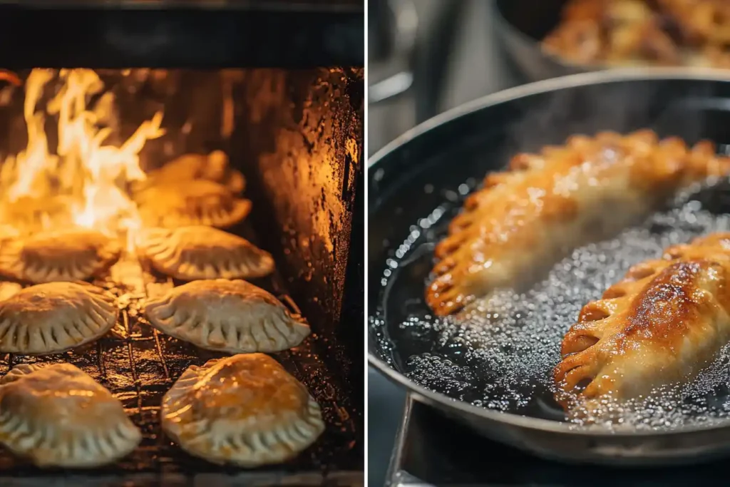 Argentine empanadas baking and Venezuelan empanadas frying.