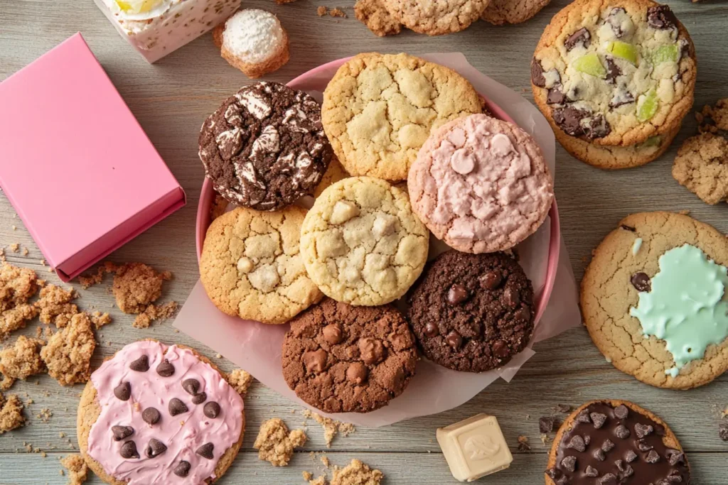 Assorted Crumbl Cookies in a pink box.
