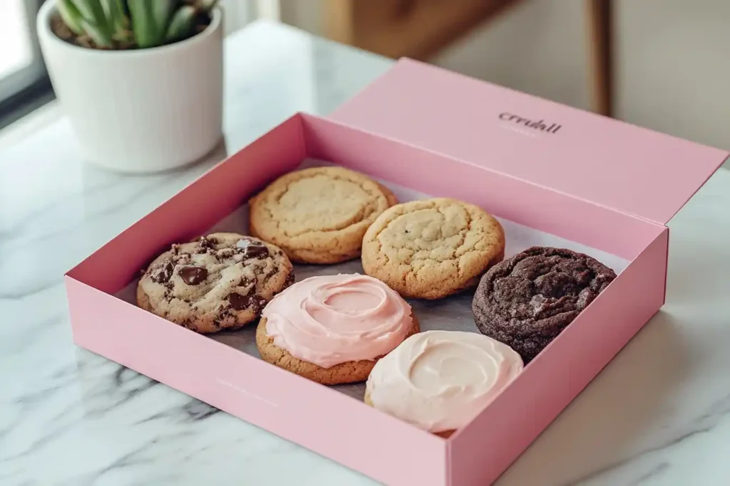 Crumbl Cookies in a pink box with assorted flavors.