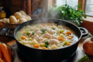 Rustic chicken stew simmering in a pot with fresh vegetables.