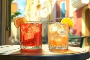 A St-Germain spritz and Aperol spritz on a café table.