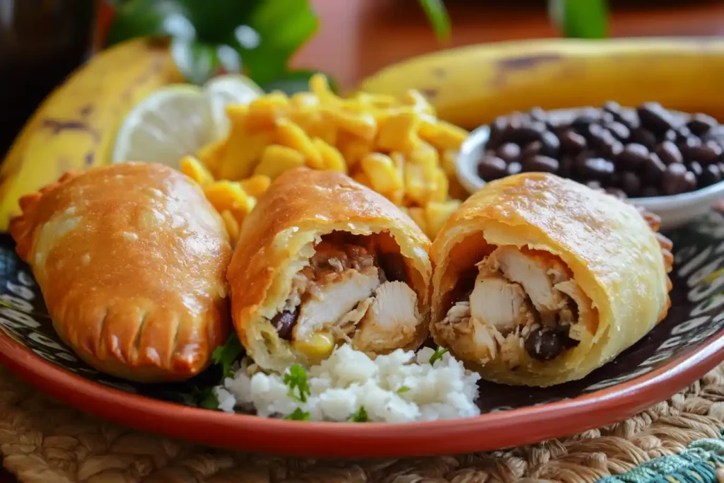 Fried Venezuelan empanadas with cheese, chicken, and pabellón criollo fillings.