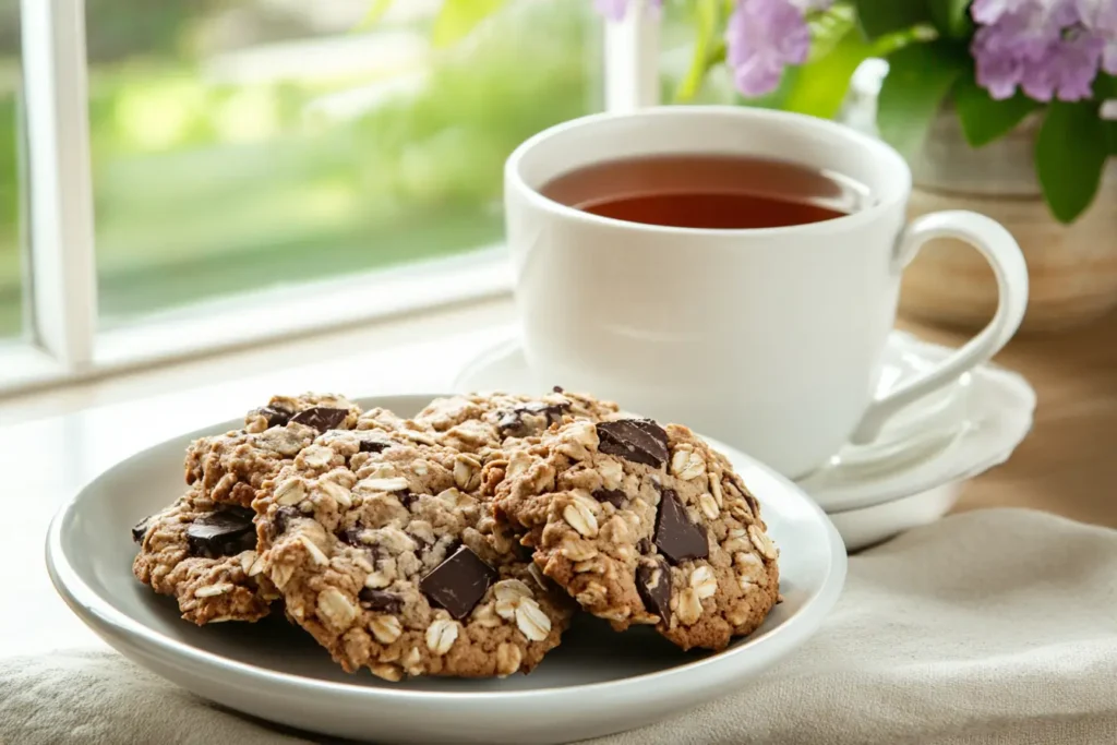 A plate of homemade healthy cookies with oats and dark chocolate