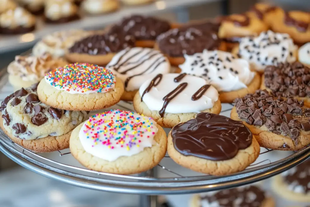 A rotating tray of Crumbl Cookies showcasing weekly flavors.