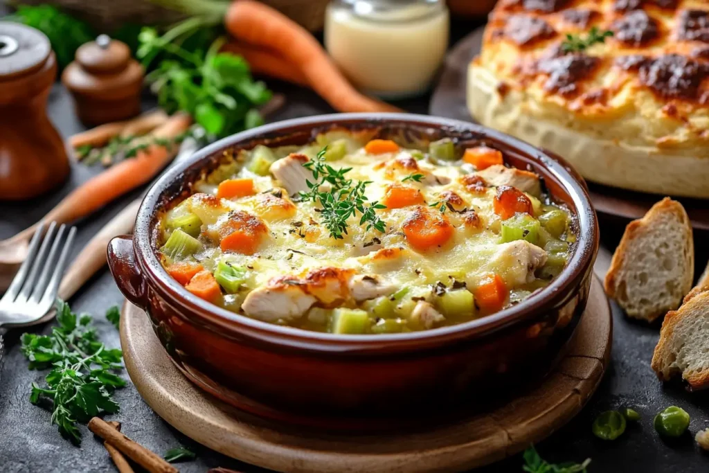 A rustic dining table with chicken stew and chicken casserole.