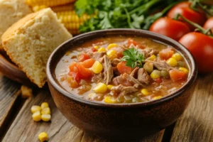 Rustic bowl of Brunswick stew on a wooden table with cornbread and fresh vegetables.