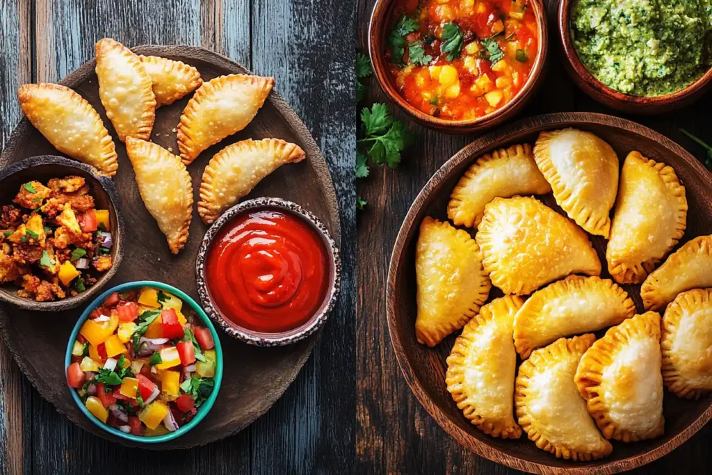 Colombian and Venezuelan empanadas on a rustic table.