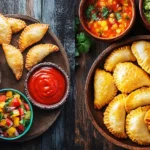 Colombian and Venezuelan empanadas on a rustic table.