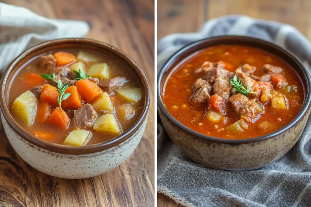 Side-by-side comparison of traditional stew and Brunswick stew in bowls.