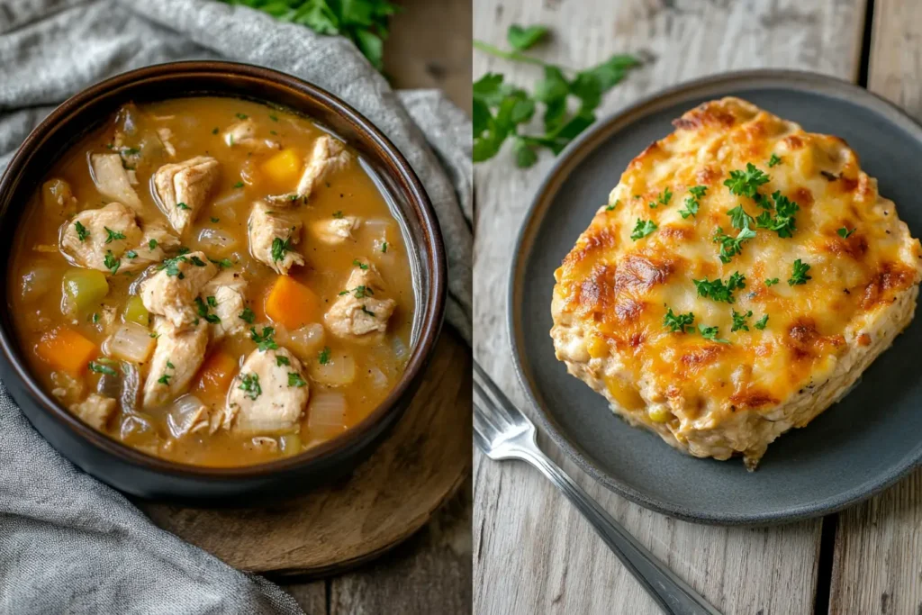 Side-by-side comparison of chicken stew and chicken casserole.