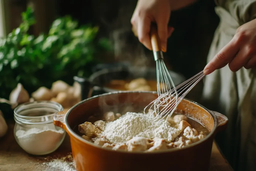 Flour being whisked into water to create a thickening slurry.