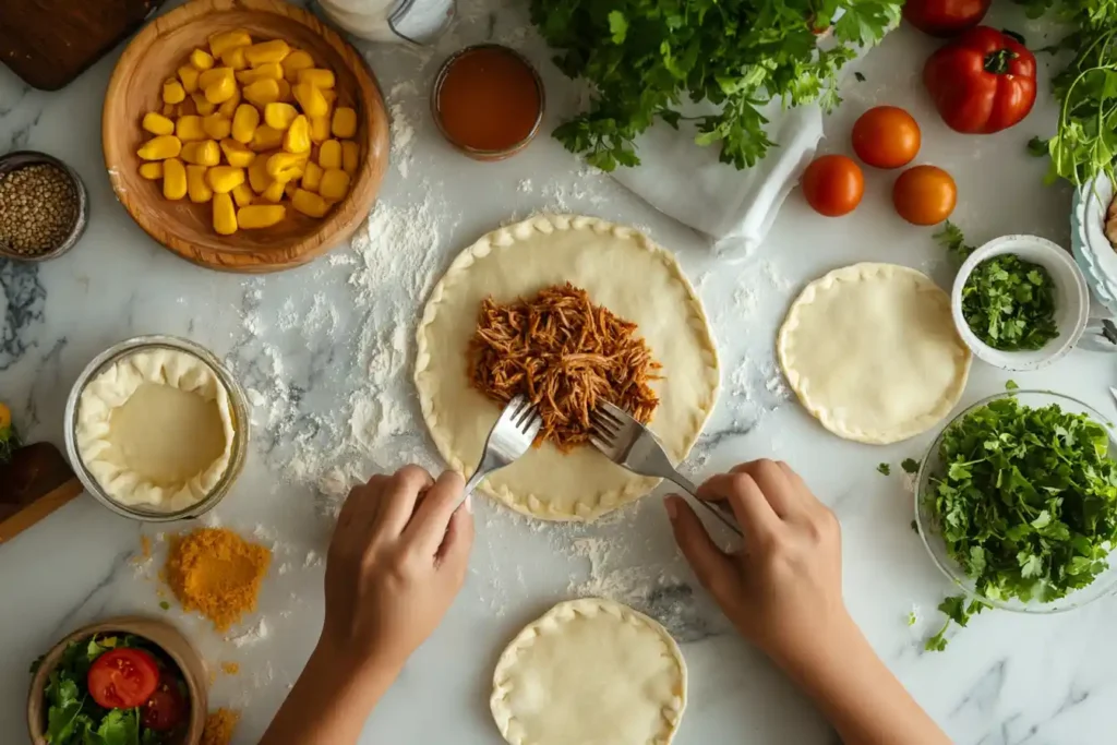 Preparing Venezuelan empanada dough and fillings.