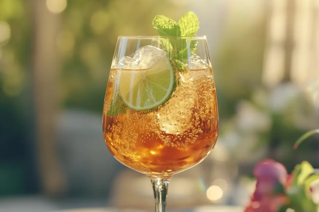 A refreshing Hugo Spritz cocktail with mint and lime on a sunny café table.