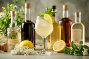 Elderflower spritz cocktail with lemon and mint garnish.