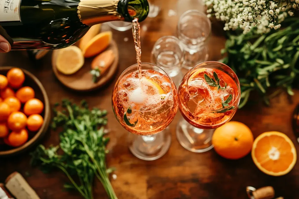 A bartender preparing St-Germain and Aperol spritz cocktails.