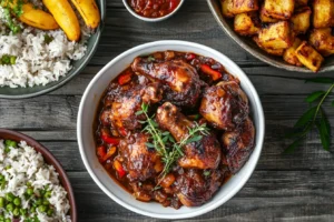 A bowl of brown stew chicken with side dishes on a rustic table.