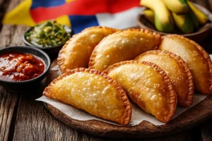 Golden-brown Venezuelan empanadas with guasacaca and chili sauce.