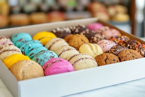A box of Crumbl Cookies showcasing various flavors on a marble countertop.