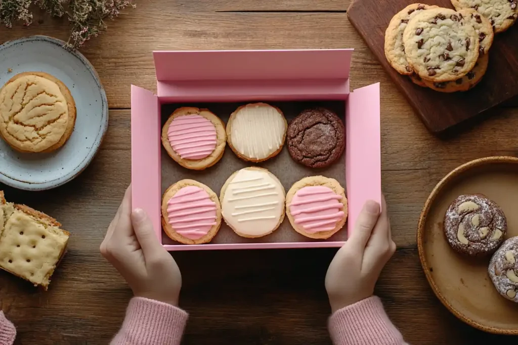 Crumbl Cookies pink box with cookies being unwrapped.