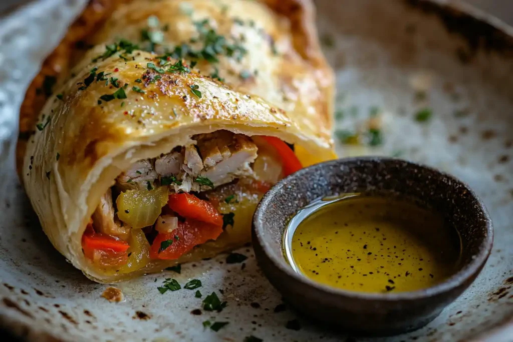 Spanish empanada filled with tuna, bell peppers, and onions.