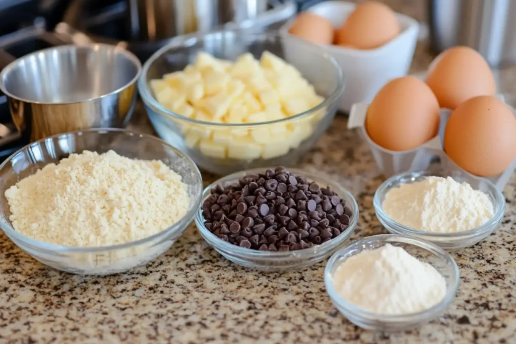  Ingredients for a Crumbl cookie recipe on a kitchen counter.