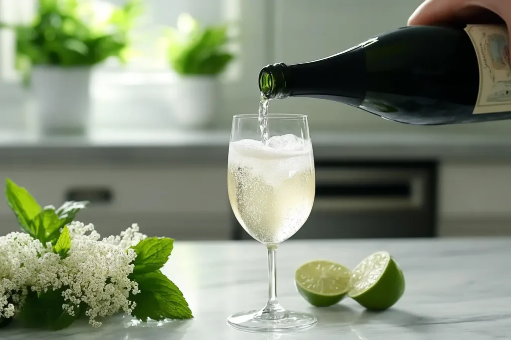 Pouring Prosecco into elderflower spritz with ice and mint