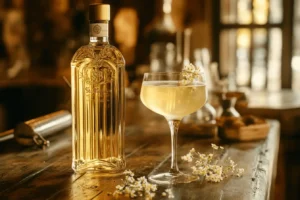 St-Germain bottle with elderflower spritz on a rustic bar.