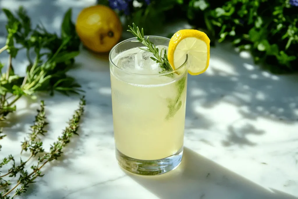 St-Germain spritz cocktail with lemon garnish on an outdoor table.
