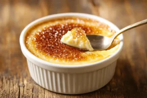 Crème brûlée with caramelized sugar topping being cracked with a spoon