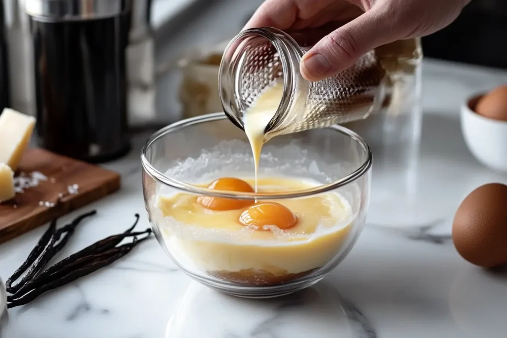 Tempering cream into egg yolks for crème brûlée custard